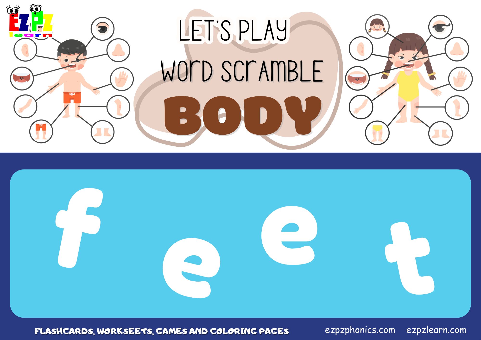 Body Vocabulary Word Scramble Guessing Game. Great for kids and English language learners.